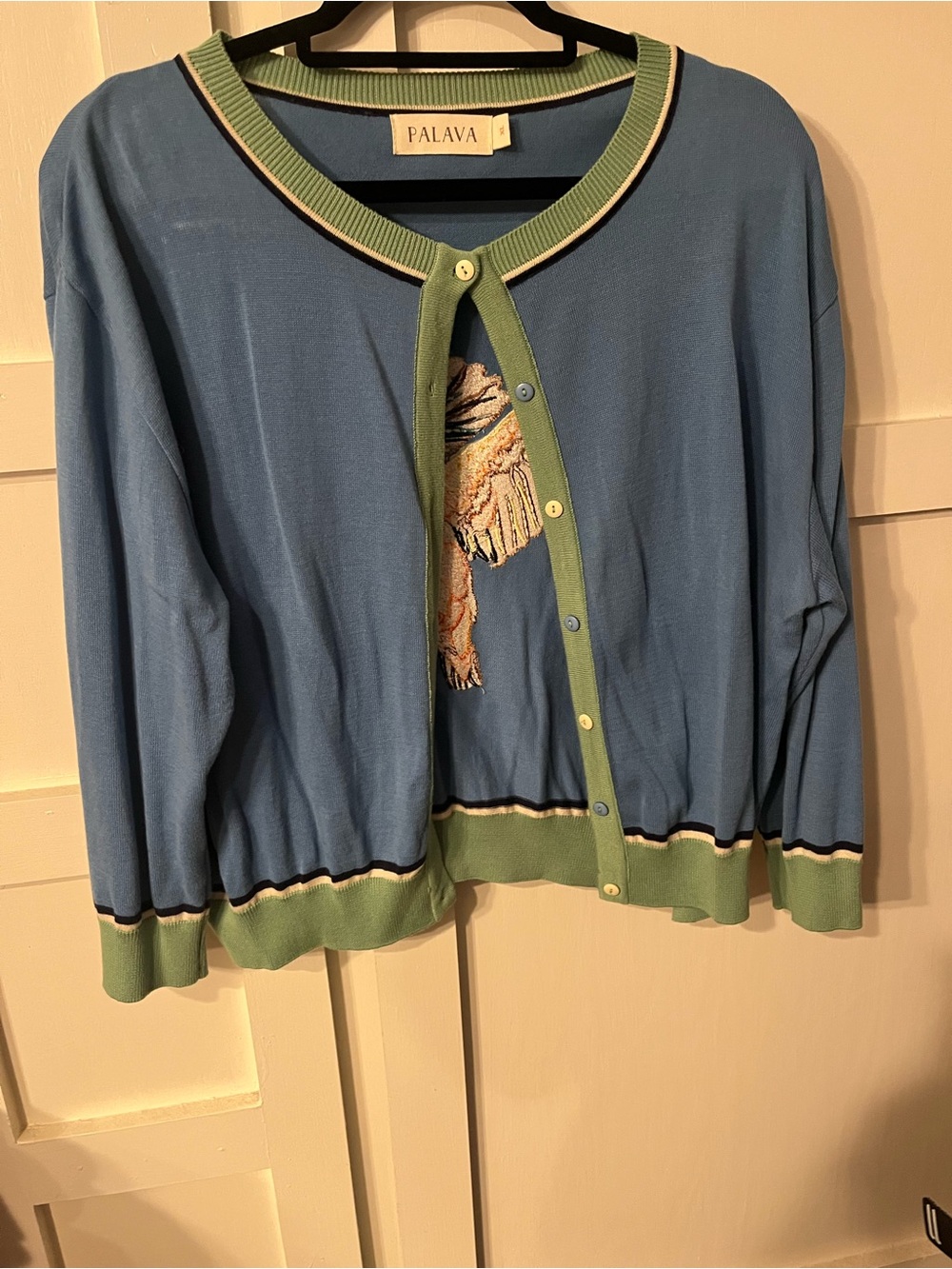 PALAVA Blue & Green Contrast-Trim Cardigan Sweater